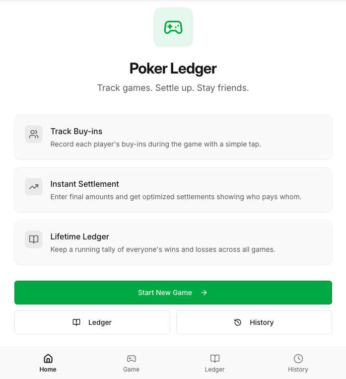 Poker Ledger app home screen